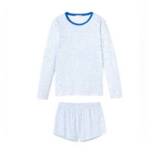 New Lake Pajama x Schumacher - Pima Long Short Set, Blue and White, Cobalt, XS